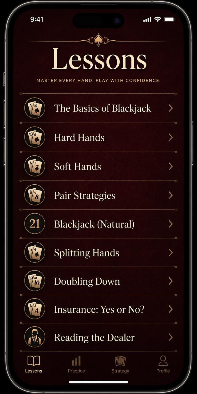 F7 lesson library screen listing blackjack lessons