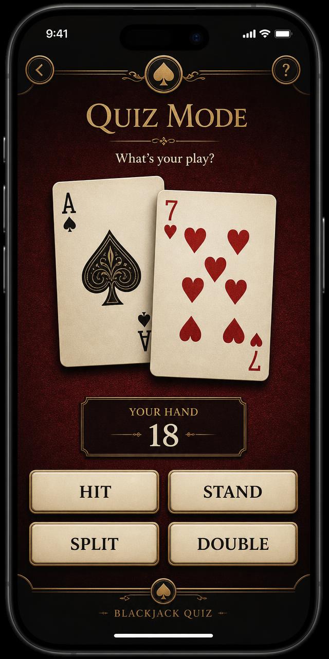F7 quiz mode screen showing a dealt hand and decision buttons
